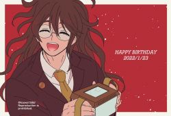 Rule 34 | 108 (toowa), 1boy, :d, border, brown hair, brown jacket, brown necktie, closed eyes, danganronpa (series), danganronpa v3: killing harmony, dated, facing viewer, gokuhara gonta, happy birthday, highres, insect cage, jacket, long hair, male focus, messy hair, necktie, open mouth, red background, round eyewear, shirt, smile, solo, teeth, twitter username, upper teeth only, watermark, white border, white shirt