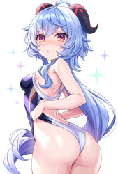 Rule 34 | 1girl, ahoge, ass, blue hair, blue one-piece swimsuit, blush, breasts, commentary request, competition swimsuit, ganyu (genshin impact), genshin impact, highres, horns, long hair, looking at viewer, looking back, medium breasts, one-piece swimsuit, purple eyes, sidelocks, simple background, solo, swimsuit, thighs, tomo (tmtm mf mf), white background, white one-piece swimsuit