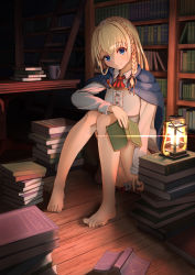 Rule 34 | 1girl, absurdres, ass, barefoot, blonde hair, blue eyes, book, braid, commentary request, hair ribbon, highres, holding, library, long hair, long sleeves, looking at viewer, nyoon, original, ribbon, sitting, skirt, smile, solo