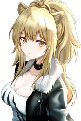 Rule 34 | 1girl, absurdres, animal ears, arknights, black choker, black jacket, blonde hair, breasts, choker, cleavage, closed mouth, commentary, expressionless, fur-trimmed jacket, fur trim, highres, jacket, lion ears, long hair, looking at viewer, medium breasts, open clothes, open jacket, owanwan 1205, ponytail, shirt, siege (arknights), simple background, solo, studded choker, upper body, white background, white shirt, yellow eyes