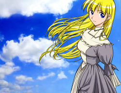 Rule 34 | 00s, 1girl, blonde hair, blue eyes, blue sky, cloud, cosette, cosette tholomyes, dress, highres, les miserables, les miserables shoujo cosette, long hair, looking at viewer, nippon animation, sky, smile, solo, world masterpiece theater