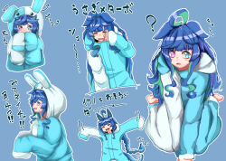 Rule 34 | !, !!, 1girl, = =, ?, @ @, ahoge, alternate costume, alternate hairstyle, animal costume, animal ears, aqua eyes, aqua hair, barefoot, blue background, blue hair, blush, braid, braided ponytail, braided sidelock, commentary request, cropped torso, crossed bangs, drooling, ears down, fake animal ears, hair down, hand on own face, hands up, heterochromia, highres, hood, hood down, hood up, horse ears, horse girl, horse tail, long hair, long sleeves, looking at viewer, motion lines, multicolored hair, multiple views, onesie, open mouth, outline, outstretched arms, partial commentary, ponytail, purple eyes, rabbit costume, rabbit ears, rubbing eyes, sharp teeth, sidelocks, sitting, sleepy, sleeves past fingers, sleeves past wrists, suecovsky, tail, teeth, translation request, twin turbo (umamusume), two-tone hair, umamusume, upper teeth only, wariza, waving arms, wavy mouth, white outline