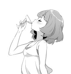 Rule 34 | 1girl, alcohol, bare shoulders, blush, commentary, cup, dress, drinking, drinking glass, english commentary, closed eyes, greyscale, highres, holding, holding cup, idolmaster, idolmaster cinderella girls, minazuki tooru, mole, monochrome, profile, short hair, simple background, sketch, solo, takagaki kaede, white background