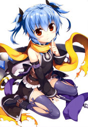 Rule 34 | 1girl, absurdres, backless outfit, belt, between legs, black footwear, black leotard, black ribbon, black skirt, black sleeves, blue hair, blush, boots, brown belt, copyright request, covered navel, detached sleeves, finger to cheek, flat chest, frills, fujima takuya, grey thighhighs, hair between eyes, hair ribbon, hand between legs, hand on floor, highres, leotard, light blue hair, looking at viewer, official art, overskirt, red eyes, ribbon, scan, scarf, scythe, shiny clothes, short twintails, simple background, sitting, skindentation, skirt, sleeveless, solo, thighhighs, turtleneck, twintails, wariza, white background, white frills, yellow scarf