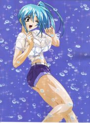 Rule 34 | 00s, 1990s (style), 1girl, ;d, aqua eyes, ass, blue hair, bra, breasts, bubble, cleavage, crop top, denim, denim shorts, divergence eve, impossible clothes, impossible shirt, kureha misaki, lace, lace bra, large breasts, lingerie, long hair, midriff, official art, one eye closed, open mouth, ponytail, profile, retro artstyle, scan, see-through, shiny skin, shirt, short shorts, shorts, side ponytail, smile, solo, sparkle, standing, t-shirt, torn clothes, underwear, wet, wet clothes, wet shirt, white bra, wince, yamashita toshinari