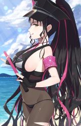 Rule 34 | 1girl, :q, absurdres, armband, bare shoulders, beach, bikini, black bikini, black gloves, black hair, black hat, black legwear, breasts, closed mouth, cloud, cloudy sky, commentary request, covered navel, cowboy shot, day, earrings, fate/grand order, fate (series), fingerless gloves, from side, gloves, hat, high-waist pantyhose, high ponytail, highres, holding, huge filesize, jewelry, large breasts, long hair, looking at viewer, looking to the side, multicolored hair, nail polish, ocean, outdoors, pantyhose, peaked cap, pink hair, pink nails, sessyoin kiara, sessyoin kiara (swimsuit mooncancer), sessyoin kiara (swimsuit mooncancer) (second ascension), shibainu, sideboob, sidelocks, sky, smile, solo, swimsuit, tongue, tongue out, torn clothes, torn legwear, two-tone hair, very long hair, water, yellow eyes