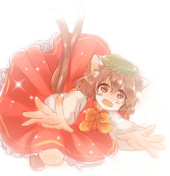 Rule 34 | 1girl, animal ears, brown eyes, brown hair, cat ears, cat girl, cat tail, chen, earrings, fang, female focus, gradient background, hat, jewelry, kisarashii, multiple tails, short hair, solo, tail, touhou