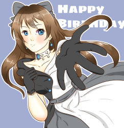 Rule 34 | 1girl, absurdres, aqua eyes, artist name, artist request, back bow, bare shoulders, belt, black dress, black gloves, black skirt, blue eyes, blush, bow, breasts, brown hair, buttons, choker, cleavage, clenched hand, collarbone, dress, drop earrings, earrings, female focus, gloves, grey background, grey belt, grey bow, grey skirt, hair between eyes, hair bow, high ponytail, highres, jewelry, lace, lace gloves, long hair, looking at viewer, love live!, love live! nijigasaki high school idol club, love live! school idol festival, multicolored clothes, necklace, off-shoulder dress, off shoulder, osaka shizuku, parted lips, ponytail, reaching, reaching towards viewer, sidelocks, skirt, sleeveless, sleeveless dress, small breasts, smile, solitude rain (love live!), solo, two-tone dress, white bow, white dress, white skirt
