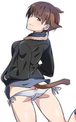 Rule 34 | 1girl, animal ears, ass, blush, breasts, brown hair, butt crack, character request, dog ears, dog tail, em (totsuzen no hakike), green eyes, grin, hands in pockets, jacket, looking at viewer, panties, short hair, simple background, smile, solo, strike witches, tail, underwear, white background, white panties, world witches series