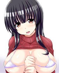 Rule 34 | 1girl, bikini, bikini top only, black hair, breasts, brown eyes, clothes lift, covered erect nipples, konno tohiro, large breasts, long hair, looking at viewer, simple background, solo, sweater, sweater lift, swimsuit, upper body, white background