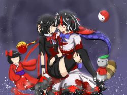 Rule 34 | 2girls, asymmetrical wings, bad id, bad pixiv id, black hair, blood, blood on clothes, blood on face, bloody weapon, carrying, doll, dress, epic armageddon, grey horns, horns, houjuu nue, injury, jizou, kijin seija, miracle mallet, multicolored hair, multiple girls, princess carry, red eyes, red hair, short hair, tears, touhou, weapon, white hair, wings