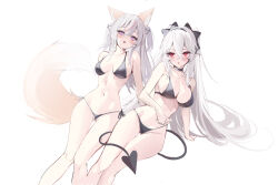 Rule 34 | 2girls, animal ears, annytf, beyumi, bikini, black bikini, bow, breasts, cleavage, demon girl, demon tail, fox ears, fox girl, fox tail, gluteal fold, hair bow, halterneck, indie virtual youtuber, large breasts, long hair, looking at viewer, micro bikini, mole, mole on breast, mole under mouth, multicolored hair, multiple girls, navel, open mouth, pink eyes, red eyes, side-tie bikini bottom, simple background, stomach, strap gap, streaked hair, string bikini, swimsuit, tail, thighs, twintails, two side up, very long hair, virtual youtuber, white background, white hair