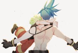 Rule 34 | 2boys, arms around neck, asymmetrical hair, back, baggy pants, black gloves, blue hair, commentary, english commentary, firefighter, from behind, galo thymos, gloves, green hair, highres, hug, jumping, lio fotia, male focus, mohawk, multiple boys, outstretched arms, pants, promare, shirt, short hair, sidecut, simple background, size difference, skolly, spiked hair, toned, toned male, topless male, undercut, upper body, white background, yaoi