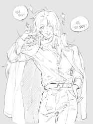 Rule 34 | 1girl, absurdres, belt, belt buckle, bin aham, blush, buckle, collared shirt, greyscale, hand in own hair, hand on own hip, highres, jacket, jacket on shoulders, korean commentary, korean text, limbus company, long hair, long sleeves, looking at viewer, monochrome, nose blush, one eye closed, open clothes, open mouth, partially unbuttoned, project moon, rodion (project moon), shirt, shirt tucked in, simple background, smile, solo, sparkle, speech bubble