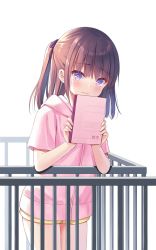 Rule 34 | 1girl, balcony, blush, brown hair, closed mouth, commentary request, cowboy shot, hair ribbon, hands up, highres, holding, holding notebook, hood, hood down, hoodie, long hair, looking at viewer, na-ga, notebook, original, pink hoodie, ponytail, purple eyes, railing, ribbon, short shorts, short sleeves, shorts, sidelocks, simple background, solo, standing, tears, translation request, wavy mouth, white background, yellow shorts