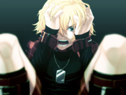 Rule 34 | 1boy, blonde hair, blue eyes, boots, dog tags, game cg, hair over one eye, male focus, rin (togainu no chi), shorts, solo, strap, togainu no chi, true blood