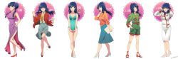 Rule 34 | 1girl, :o, aqua one-piece swimsuit, blazer, blue eyes, blue hair, blue skirt, breasts, china dress, chinese clothes, choujikuu yousai macross, dress, closed eyes, green jumpsuit, hands in pockets, high heels, highres, jacket, jumpsuit, kutsuno, lynn minmay, macross, medium breasts, military, military uniform, official alternate costume, one-piece swimsuit, purple dress, red jacket, school uniform, skirt, smile, surprised, swimsuit, uniform, uta macross sumaho deculture, white background, white footwear, white jacket, white skirt