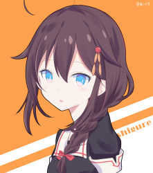 Rule 34 | 1girl, ahoge, bad id, bad pixiv id, black serafuku, blue eyes, blush, bow, braid, brown hair, commentary request, hair between eyes, hair bow, hair flaps, hair ornament, hair over shoulder, hairclip, hatsuzuki 527, highres, kantai collection, looking at viewer, open mouth, portrait, red bow, red neckwear, school uniform, serafuku, shigure (kancolle), shigure kai ni (kancolle), shirt, simple background, single braid, solo