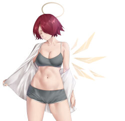 Rule 34 | 1girl, absurdres, arknights, breasts, camisole, casperrin, cleavage, closed eyes, collarbone, commentary, cowboy shot, crop top, exusiai (arknights), grey shorts, halo, highres, medium breasts, midriff, navel, off shoulder, red hair, short hair, short shorts, shorts, simple background, single bare shoulder, solo, standing, stomach, thighs, white background