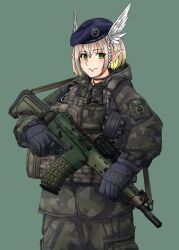 Rule 34 | absurdres, ak 5, alfhilde, ammunition pouch, assault rifle, beret, blonde hair, blush, camouflage, camouflage jacket, camouflage pants, commission, fn fnc, gloves, gradient hair, green eyes, gun, hat, head wings, highres, indie virtual youtuber, jacket, katou ittouhei, looking at viewer, magazine (weapon), multicolored hair, pants, photo-referenced, pointy ears, pouch, rifle, skeb commission, smile, solo, swedish flag, swedish uniform, trigger discipline, weapon, wings