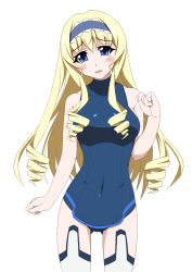 Rule 34 | 10s, 1girl, blonde hair, blue eyes, blush, breasts, cecilia alcott, curly hair, drill hair, female focus, hairband, infinite stratos, long hair, simple background, solo, white background