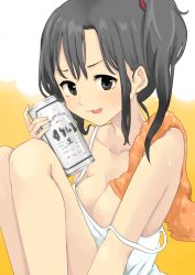 Rule 34 | 1girl, :p, alcohol, bad id, bad pixiv id, beer, beer can, black eyes, black hair, breasts, can, cleavage, collarbone, drink can, large breasts, morina nao, original, side ponytail, sitting, solo, strap slip, tongue, tongue out, towel