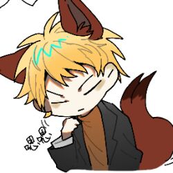 Rule 34 | 1boy, animal ears, anya8028, atou haruki, black jacket, blonde hair, brown sweater, chibi, chinese commentary, chinese text, closed eyes, closed mouth, commentary request, fox boy, fox ears, fox tail, jacket, long sleeves, lowres, male focus, no nose, open clothes, open jacket, saibou shinkyoku, short hair, sweater, tail, translation request, turtleneck, turtleneck sweater
