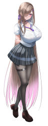 Rule 34 | 1girl, absurdly long hair, absurdres, amemiya arikapu, arms behind back, between breasts, black choker, black pantyhose, blue necktie, blue ribbon, breasts, brown footwear, brown hair, choker, collared shirt, dress shirt, earrings, grey skirt, hair ornament, hair over one eye, hair ribbon, hairclip, highres, jewelry, large breasts, light smile, loafers, long bangs, long hair, looking at viewer, miniskirt, mole, mole on breast, mole under eye, necktie, necktie between breasts, original, pantyhose, pleated skirt, purple eyes, ribbon, school uniform, shirt, shoes, short sleeves, simple background, skindentation, skirt, solo, thigh strap, very long hair, white background, white shirt, wing collar