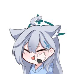 Rule 34 | 1girl, 1other, ahoge, animal ears, blue archive, blue hoodie, blush, closed eyes, cross hair ornament, dark halo, disembodied limb, extra ears, grey hair, hair ornament, halo, hood, hood down, hoodie, long hair, open mouth, shiroko (blue archive), shiroko terror (blue archive), simple background, skyrain315, solo focus, upper body, white background, wolf ears