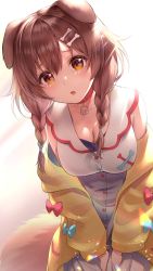 Rule 34 | 1girl, animal ears, backlighting, bloom, blouse, bone hair ornament, braid, breasts, brown eyes, brown hair, choker, cleavage, collar choker, collarbone, cowboy shot, dog ears, dog girl, dog tail, ganko-chan (shashaneko123), hair ornament, hair tie, hands on own thighs, highres, hololive, inugami korone, inugami korone (1st costume), jacket, large breasts, leaning forward, long hair, looking at viewer, off-shoulder jacket, off shoulder, open mouth, paw pendant, red choker, shirt, sleeveless, sleeveless shirt, solo, sunlight, tail, twin braids, twintails, virtual youtuber, white background, white shirt, yellow jacket