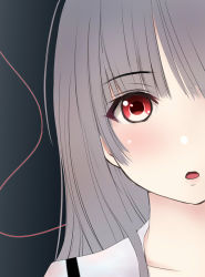 Rule 34 | 1girl, :o, ahoge, black background, blush, close-up, copyright request, gradient background, grey hair, kozue akari, looking at viewer, parted lips, red eyes, sailor collar, school uniform, serafuku, solo, string, string of fate, white sailor collar