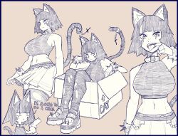 Rule 34 | 1girl, absurdres, animal ears, box, bracelet, cardboard box, cat ears, cat girl, cat tail, closed mouth, cropped sweater, english text, go do a crime (meme), greyscale, gun, highres, holding, holding gun, holding weapon, jewelry, looking at viewer, meme, monochrome, mouth pull, multiple views, navel, open mouth, original, picote, ribbed sweater, scar, scar across eye, shoes, short hair, skirt, sleeveless, sleeveless sweater, sneakers, spiked bracelet, spikes, sweater, tail, teeth, thighhighs, tongue, tongue out, torn clothes, torn thighhighs, upper teeth only, weapon