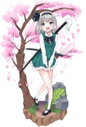 Rule 34 | 1girl, :d, absurdres, black bow, black bowtie, black footwear, black hairband, blue eyes, bow, bowtie, cherry blossoms, full body, ghost, green skirt, green vest, grey hair, hairband, highres, konpaku youmu, konpaku youmu (ghost), long sleeves, looking at viewer, multiple swords, open mouth, rock, scabbard, sheath, sheathed, shirt, short hair, simple background, skirt, smile, solo, standing, standing on one leg, stigma1101, sword, sword behind back, thighs, touhou, tree, v arms, vest, weapon, white background, white legwear, white shirt