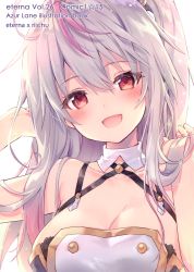 Rule 34 | 1girl, absurdres, artist name, azur lane, bare shoulders, blush, breasts, cleavage, collarbone, detached sleeves, grenville (azur lane), halterneck, hands up, head tilt, highres, large breasts, light purple hair, long hair, looking at viewer, multicolored hair, open mouth, ponytail, purple hair, red eyes, riichu, scan, side ponytail, simple background, sleeveless, smile, solo, streaked hair, upper body