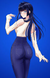 Rule 34 | 1girl, absurdres, ass, bare shoulders, blue eyes, blue hair, blunt bangs, breasts, brown sweater, colored inner hair, denim, detached sleeves, gruvyboi, hair intakes, high-waist pants, highres, hime cut, hololive, hololive english, jeans, large breasts, long hair, long sleeves, medium breasts, multicolored hair, official alternate costume, official alternate hairstyle, ouro kronii, ouro kronii (casual), pants, sleeveless, sleeveless sweater, sweater, virtual youtuber, white sweater