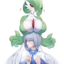 Rule 34 | 1boy, 1girl, blue eyes, blue headwear, blue necktie, blush, bob cut, breast rest, breasts, breasts on head, collarbone, collared shirt, colored skin, creatures (company), florian (pokemon), game freak, gardevoir, gen 3 pokemon, green hair, green skin, grey hair, hair between eyes, hair over one eye, half-closed eyes, hands up, hat, heart, hetero, highres, holding, holding clothes, holding hat, huge breasts, interspecies, limeblock, looking at another, looking down, looking to the side, multicolored skin, necktie, nintendo, one eye covered, open mouth, pokemon, pokemon (creature), pokemon sv, red eyes, school uniform, shiny skin, shirt, short hair, short sleeves, sidelocks, simple background, skindentation, standing, two-tone skin, upper body, white background, white shirt, white skin