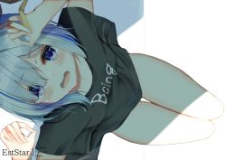 Rule 34 | 1girl, amane kanata, arms up, aties20, black shirt, blue eyes, blue hair, commentary request, from above, grey hair, hair over one eye, hololive, looking at viewer, looking up, multicolored hair, open mouth, shirt, short sleeves, sitting, solo, streaked hair, virtual youtuber, wavy mouth, white background, wide sleeves