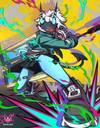 Rule 34 | 1girl, absurdres, black footwear, black necktie, black skirt, black tail, blue skin, blue tail, colored skin, cropped jacket, cuffs, ear piercing, energy, facing viewer, glowing, glowing eye, grey jacket, highres, holding, holding weapon, horns, jacket, long sleeves, mask, necktie, oni, piercing, pointy ears, pouch, shackles, short hair, skin-covered horns, skirt, solo, soukaku (zenless zone zero), spectraldrawfox, striped tail, tail, weapon, weapon behind back, white hair, zenless zone zero