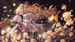 Rule 34 | 2girls, :d, black ribbon, blonde hair, bug, butterfly, cape, eye contact, flower, flower sogeum, glasses, glint, grey cape, hair ribbon, highres, insect, long hair, long sleeves, looking at another, multiple girls, open mouth, orange butterfly, original, ribbon, short hair, smile, very long hair, white hair, yuri