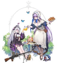 Rule 34 | 2girls, absurdres, ahoge, alternate costume, animal, animal on head, blue butterfly, bracelet, breasts, bug, butterfly, cartridge, chair, cleavage, clothing cutout, commentary request, cup, dinergate (girls&#039; frontline), dress, food, fork, fruit, girls&#039; frontline, gun, highres, insect, jewelry, kmpym, knife, large breasts, letter, lizard, long hair, looking at viewer, machine gun, magazine (weapon), maid headdress, mary janes, multiple girls, navel, navel cutout, on head, open mouth, pancake, pastry, pink eyes, plant, plate, pouring, prototype design, purple hair, serving, shoes, silver hair, sitting, sleeves past wrists, small breasts, smile, strawberry, table, tart (food), tea party, teacup, teapot, thigh strap, weapon, whipped cream, wide sleeves, zb-26 (girls&#039; frontline), zb 26