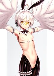 Rule 34 | 1girl, actinium89, ahoge, arm garter, armpits, arms up, black necktie, breasts, cleft of venus, commentary request, commission, cowboy shot, fake tail, grey hair, hair between eyes, harpy, highres, maid headdress, meme attire, monster girl, necktie, original, pussy, reverse bunnysuit, reverse outfit, short hair, skeb commission, small breasts, solo, tail, yellow eyes