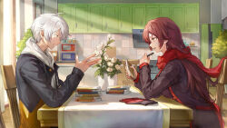 Rule 34 | 1boy, 1girl, bibimbub, black sleeves, blue eyes, book, chair, commentary, eden (honkai impact), english commentary, flower, highres, holding, honkai (series), honkai impact 3rd, indoors, kevin kaslana, kitchen, long hair, long sleeves, looking at another, open hand, red scarf, scarf, second-party source, short hair, sitting, table, upper body, vase, white flower, yellow eyes
