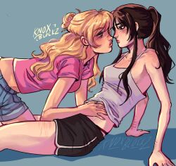 Rule 34 | 2girls, absurdres, black eyes, black hair, blonde hair, blush, camisole, class of 09, collared shirt, denim, denim shorts, from side, hand on another&#039;s stomach, highres, imminent kiss, jecka (class of 09), knoxblockz, midriff, multiple girls, nicole (class of 09), pink shirt, ponytail, self-harm scar, shirt, shorts, white camisole, yuri