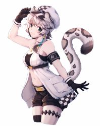 Rule 34 | 1girl, animal ear fluff, animal ears, animal print, arknights, asymmetrical gloves, black gloves, black hair, black thighhighs, breasts, bridal garter, brown gloves, cleavage, cliffheart (arknights), closed mouth, gloves, green eyes, hat, highres, leopard ears, leopard print, looking at viewer, lyra-kotto, medium breasts, multicolored hair, navel, short hair, simple background, single thighhigh, smile, solo, tail, thighhighs, two-tone hair, uneven gloves, white background, white hair, white hat
