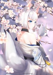 Rule 34 | 1girl, absurdres, animal ears, artist name, azur lane, bare shoulders, blue eyes, blunt bangs, breasts, cherry blossoms, flower, fox ears, fox mask, fox tail, highres, holding, holding mask, japanese clothes, kaga (azur lane), kumei, looking back, mask, unworn mask, medium breasts, multiple tails, nape, obi, off shoulder, parted lips, sash, short hair, shoulder blades, solo, tail, tassel, white hair, wide sleeves