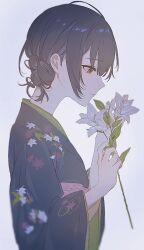 Rule 34 | 1girl, black hair, blue kimono, floral print, flower, hair bun, highres, holding, holding flower, idolmaster, idolmaster shiny colors, japanese clothes, kimono, looking at flowers, mameko (l8 w3), morino rinze, red eyes, simple background, single side bun, solo, upper body, white background, wide sleeves