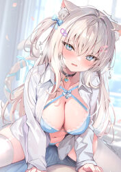 1boy 1girl animal_ears black_choker blonde_hair blue_bra blue_eyes blue_panties blurry blurry_background bow bra breasts bulge cat_ears cat_girl cat_tail choker cleavage comiket_104 erection erection_under_clothes grinding grinding_over_clothes hair_between_eyes hair_bow hair_ornament hairclip heart_pendant large_breasts long_hair long_sleeves navel open_clothes open_shirt original panties parted_lips pon_(ponidrop) solo_focus spread_legs tail tail_ornament teasing thighhighs underwear white_thighhighs