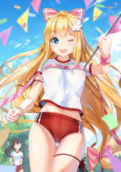 Rule 34 | 2girls, :d, ;d, absurdres, blonde hair, blue eyes, blue sky, blush, bow, brown hair, buruma, cloud, commentary request, confetti, day, diagonal stripes, closed eyes, flag, gym shirt, gym uniform, hair bow, high ponytail, highres, holding, holding flag, holmemee, long hair, low-tied long hair, multiple girls, navel, one eye closed, open mouth, original, outdoors, pennant, pink bow, ponytail, red buruma, round teeth, shirt, short sleeves, sky, smile, solo focus, sparkle, string of flags, striped, striped bow, sweat, teeth, thigh gap, upper teeth only, v-shaped eyebrows, white shirt, wing hair ornament