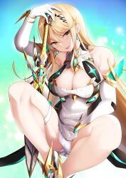 Rule 34 | 1girl, aegis sword (xenoblade), bare legs, bare shoulders, blonde hair, blue background, breasts, chest jewel, cleavage, cleavage cutout, clothing cutout, daive, dress, earrings, elbow gloves, gloves, gradient background, highres, holding, holding sword, holding weapon, impossible clothes, jewelry, looking at viewer, mythra (xenoblade), panties, smile, solo, star (symbol), star earrings, swept bangs, sword, thigh strap, thighs, tiara, underwear, weapon, white dress, white gloves, white panties, xenoblade chronicles (series), xenoblade chronicles 2, yellow eyes