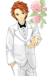 Rule 34 | 10s, 1boy, blue eyes, brief (psg), flower, formal, freckles, hand in pocket, looking at viewer, male focus, orange hair, outstretched hand, panty &amp; stocking with garterbelt, pink rose, ribonchan, rose, solo, suit, white background